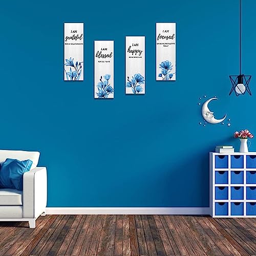 Creoate 4 Pieces Flower Pictures Blue Wall Decor Inspirational Living Room Wall Art Wooden Hanging Plaque - Thankful Grateful Blessed Home Decoration, Gift for Girls, Women，4x12x0.3 Inch x4pcs