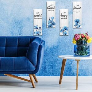 Creoate 4 Pieces Flower Pictures Blue Wall Decor Inspirational Living Room Wall Art Wooden Hanging Plaque - Thankful Grateful Blessed Home Decoration, Gift for Girls, Women，4x12x0.3 Inch x4pcs