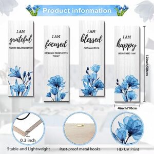 Creoate 4 Pieces Flower Pictures Blue Wall Decor Inspirational Living Room Wall Art Wooden Hanging Plaque - Thankful Grateful Blessed Home Decoration, Gift for Girls, Women，4x12x0.3 Inch x4pcs