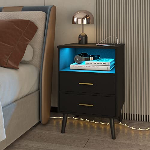 LVSOMT Black Nightstand with Charging Station and LED Lights, Modern Bedside Table Smart Night Stand, End Side Table with 2 Drawers, Open Storage Shelf, USB Port for Bedroom Living Room