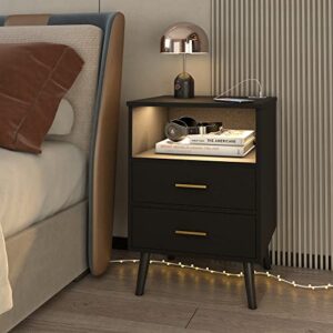 LVSOMT Black Nightstand with Charging Station and LED Lights, Modern Bedside Table Smart Night Stand, End Side Table with 2 Drawers, Open Storage Shelf, USB Port for Bedroom Living Room