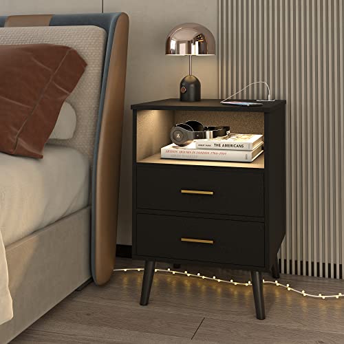 LVSOMT Black Nightstand with Charging Station and LED Lights, Modern Bedside Table Smart Night Stand, End Side Table with 2 Drawers, Open Storage Shelf, USB Port for Bedroom Living Room