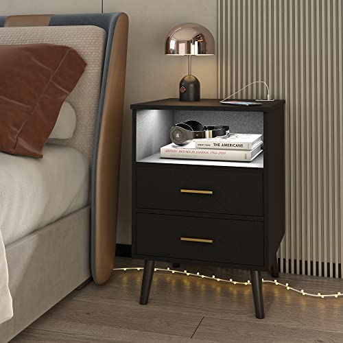 LVSOMT Black Nightstand with Charging Station and LED Lights, Modern Bedside Table Smart Night Stand, End Side Table with 2 Drawers, Open Storage Shelf, USB Port for Bedroom Living Room