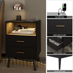 LVSOMT Black Nightstand with Charging Station and LED Lights, Modern Bedside Table Smart Night Stand, End Side Table with 2 Drawers, Open Storage Shelf, USB Port for Bedroom Living Room