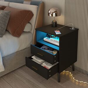 LVSOMT Black Nightstand with Charging Station and LED Lights, Modern Bedside Table Smart Night Stand, End Side Table with 2 Drawers, Open Storage Shelf, USB Port for Bedroom Living Room