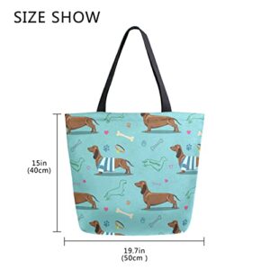 ALAZA Cute Dachshunds Puppy Dog Bone Canvas Tote Bag Large Women Casual Shoulder Bag Handbag,Shopping Grocery Cotton Bag Reusable,Multipurpose,Heavy Duty For Outdoors Weekender Travel