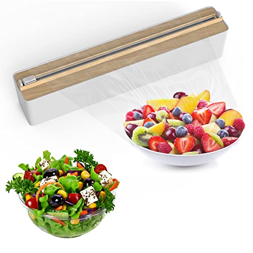 leQuiven Plastic Wrap Dispenser with Slide Cutter, Reusable Cling Film Dispenser, Double Elastic Buckle Adjustable Length for Aluminum foil, 1 Roll Plastic Food Wrap Included (Bamboo Wood Pattern)