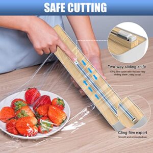 leQuiven Plastic Wrap Dispenser with Slide Cutter, Reusable Cling Film Dispenser, Double Elastic Buckle Adjustable Length for Aluminum foil, 1 Roll Plastic Food Wrap Included (Bamboo Wood Pattern)