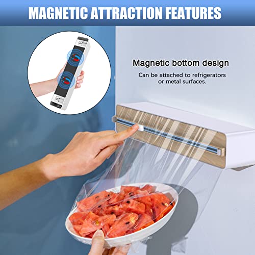 leQuiven Plastic Wrap Dispenser with Slide Cutter, Reusable Cling Film Dispenser, Double Elastic Buckle Adjustable Length for Aluminum foil, 1 Roll Plastic Food Wrap Included (Bamboo Wood Pattern)