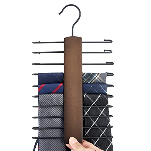 Mkono Wooden Tie Rack Retro Tie Belt Storage Hanger Organizer for Men Closet Space Saving Rack with 20 Non-Slip Hooks for Ties Belt Scarf Organize 360 Rotate Hanger Tie Display Holder, 1 Piece, Brown