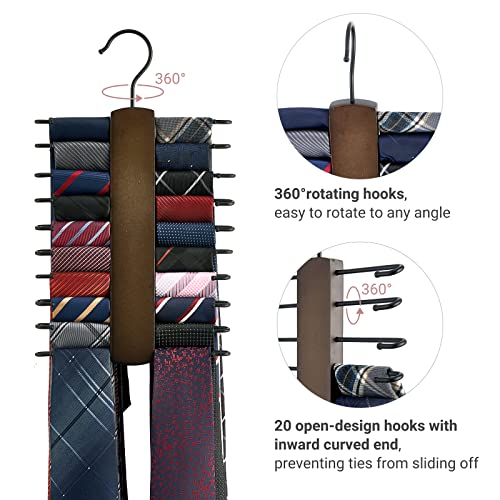 Mkono Wooden Tie Rack Retro Tie Belt Storage Hanger Organizer for Men Closet Space Saving Rack with 20 Non-Slip Hooks for Ties Belt Scarf Organize 360 Rotate Hanger Tie Display Holder, 1 Piece, Brown