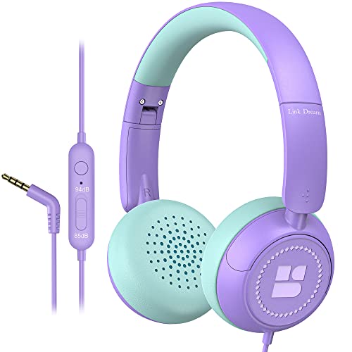 Link Dream Kids Headphones for School Girls Boys with Microphone, Volume Limiter 85/94dB Stereo 3.5.mm Jack On-Ear Folding Headphones for Kids Travel Tablet Computer (Purple)