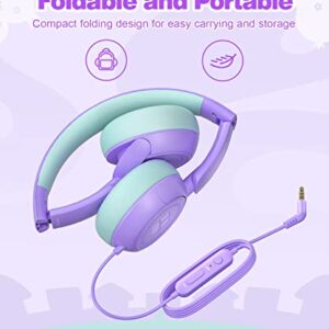 Link Dream Kids Headphones for School Girls Boys with Microphone, Volume Limiter 85/94dB Stereo 3.5.mm Jack On-Ear Folding Headphones for Kids Travel Tablet Computer (Purple)