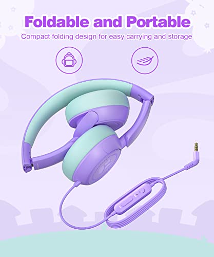 Link Dream Kids Headphones for School Girls Boys with Microphone, Volume Limiter 85/94dB Stereo 3.5.mm Jack On-Ear Folding Headphones for Kids Travel Tablet Computer (Purple)