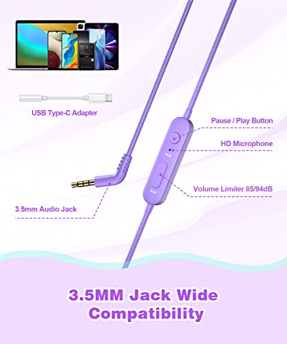 Link Dream Kids Headphones for School Girls Boys with Microphone, Volume Limiter 85/94dB Stereo 3.5.mm Jack On-Ear Folding Headphones for Kids Travel Tablet Computer (Purple)