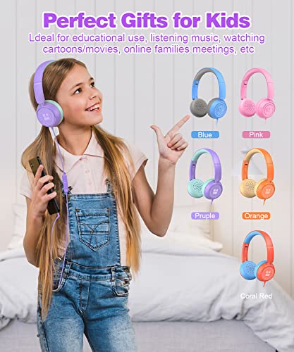 Link Dream Kids Headphones for School Girls Boys with Microphone, Volume Limiter 85/94dB Stereo 3.5.mm Jack On-Ear Folding Headphones for Kids Travel Tablet Computer (Purple)