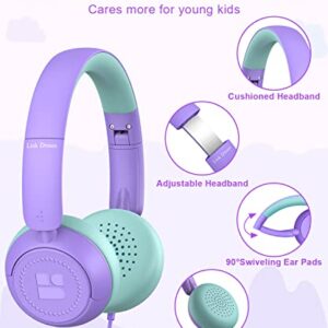 Link Dream Kids Headphones for School Girls Boys with Microphone, Volume Limiter 85/94dB Stereo 3.5.mm Jack On-Ear Folding Headphones for Kids Travel Tablet Computer (Purple)