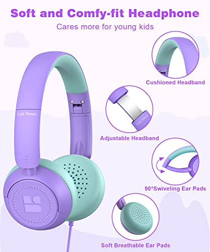 Link Dream Kids Headphones for School Girls Boys with Microphone, Volume Limiter 85/94dB Stereo 3.5.mm Jack On-Ear Folding Headphones for Kids Travel Tablet Computer (Purple)