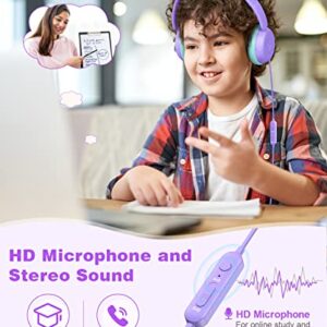 Link Dream Kids Headphones for School Girls Boys with Microphone, Volume Limiter 85/94dB Stereo 3.5.mm Jack On-Ear Folding Headphones for Kids Travel Tablet Computer (Purple)