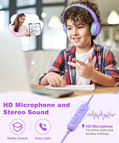 Link Dream Kids Headphones for School Girls Boys with Microphone, Volume Limiter 85/94dB Stereo 3.5.mm Jack On-Ear Folding Headphones for Kids Travel Tablet Computer (Purple)