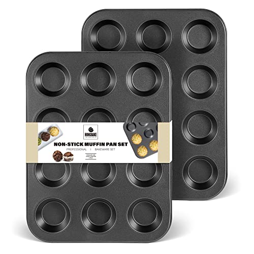 HONGBAKE Muffin Pan for Baking, Nonstick Cupcake Tin 12 Cup, 2 Pack Cup Cake Tray, Premium & Dishwasher Safe - Dark Grey