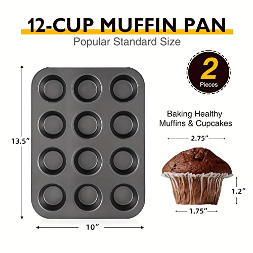 HONGBAKE Muffin Pan for Baking, Nonstick Cupcake Tin 12 Cup, 2 Pack Cup Cake Tray, Premium & Dishwasher Safe - Dark Grey