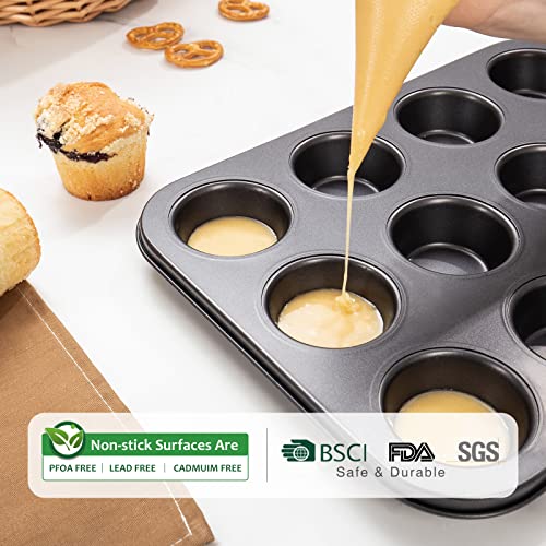 HONGBAKE Muffin Pan for Baking, Nonstick Cupcake Tin 12 Cup, 2 Pack Cup Cake Tray, Premium & Dishwasher Safe - Dark Grey