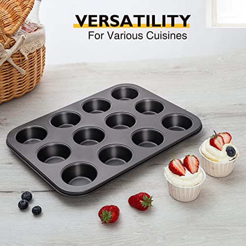 HONGBAKE Muffin Pan for Baking, Nonstick Cupcake Tin 12 Cup, 2 Pack Cup Cake Tray, Premium & Dishwasher Safe - Dark Grey