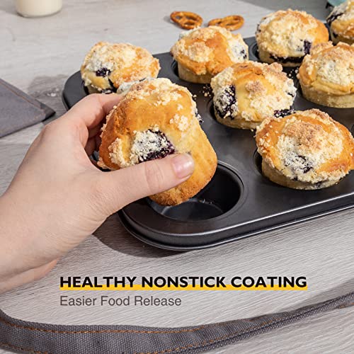 HONGBAKE Muffin Pan for Baking, Nonstick Cupcake Tin 12 Cup, 2 Pack Cup Cake Tray, Premium & Dishwasher Safe - Dark Grey