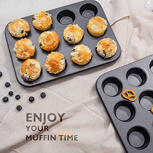 HONGBAKE Muffin Pan for Baking, Nonstick Cupcake Tin 12 Cup, 2 Pack Cup Cake Tray, Premium & Dishwasher Safe - Dark Grey