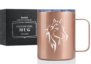onebttl horse gifts for girls, women, horse lovers, insulated stainless steel coffee mug with lid and handle, equestrians, cowgirls gifts for birthday, christmas, 12 oz, rose gold