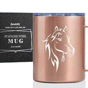 Onebttl Horse Gifts for Girls, Women, Horse Lovers, Insulated Stainless Steel Coffee Mug with Lid and Handle, Equestrians, Cowgirls Gifts for Birthday, Christmas, 12 oz, Rose Gold