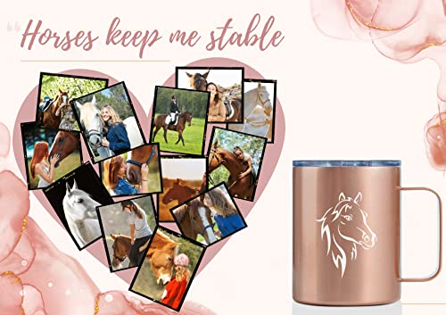 Onebttl Horse Gifts for Girls, Women, Horse Lovers, Insulated Stainless Steel Coffee Mug with Lid and Handle, Equestrians, Cowgirls Gifts for Birthday, Christmas, 12 oz, Rose Gold