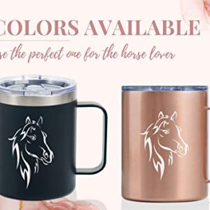 Onebttl Horse Gifts for Girls, Women, Horse Lovers, Insulated Stainless Steel Coffee Mug with Lid and Handle, Equestrians, Cowgirls Gifts for Birthday, Christmas, 12 oz, Rose Gold