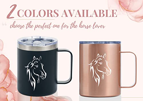 Onebttl Horse Gifts for Girls, Women, Horse Lovers, Insulated Stainless Steel Coffee Mug with Lid and Handle, Equestrians, Cowgirls Gifts for Birthday, Christmas, 12 oz, Rose Gold