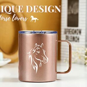 Onebttl Horse Gifts for Girls, Women, Horse Lovers, Insulated Stainless Steel Coffee Mug with Lid and Handle, Equestrians, Cowgirls Gifts for Birthday, Christmas, 12 oz, Rose Gold