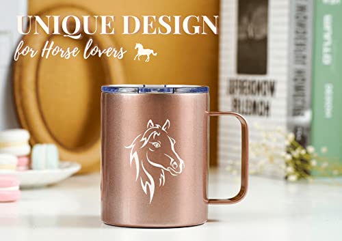 Onebttl Horse Gifts for Girls, Women, Horse Lovers, Insulated Stainless Steel Coffee Mug with Lid and Handle, Equestrians, Cowgirls Gifts for Birthday, Christmas, 12 oz, Rose Gold