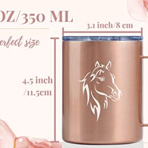 Onebttl Horse Gifts for Girls, Women, Horse Lovers, Insulated Stainless Steel Coffee Mug with Lid and Handle, Equestrians, Cowgirls Gifts for Birthday, Christmas, 12 oz, Rose Gold