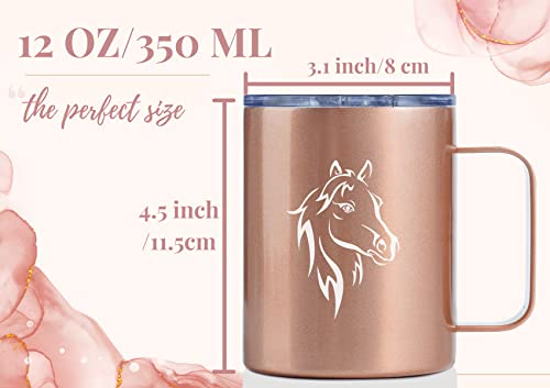 Onebttl Horse Gifts for Girls, Women, Horse Lovers, Insulated Stainless Steel Coffee Mug with Lid and Handle, Equestrians, Cowgirls Gifts for Birthday, Christmas, 12 oz, Rose Gold