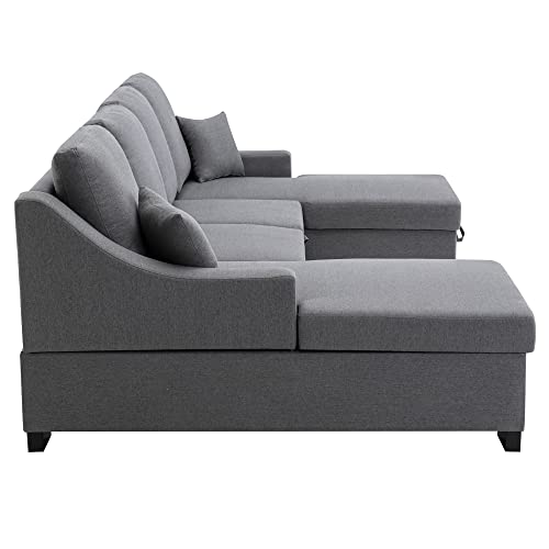 HABITRIO Sectional Sofa Bed, U Shape Sofa Bed, Pull Out Sleeper Sofa Bed with Pulley, Sofa with Two Storage Chaise, for Living Room Furniture Sofa, 2 Tossing Cushions, Gray