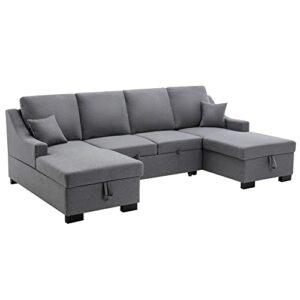 HABITRIO Sectional Sofa Bed, U Shape Sofa Bed, Pull Out Sleeper Sofa Bed with Pulley, Sofa with Two Storage Chaise, for Living Room Furniture Sofa, 2 Tossing Cushions, Gray
