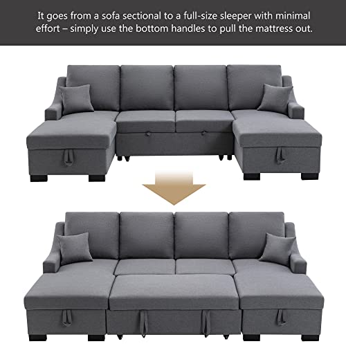 HABITRIO Sectional Sofa Bed, U Shape Sofa Bed, Pull Out Sleeper Sofa Bed with Pulley, Sofa with Two Storage Chaise, for Living Room Furniture Sofa, 2 Tossing Cushions, Gray