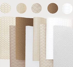 8pcs /set beige series woven texture embossed faux leather sheets 7.78 x 11.81 inch includes weave embossed textured and lattice striped fabrics, for making earrings, handbag, hair bows and diy crafts