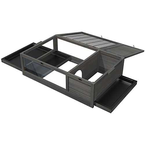 GDLF Wood Tortoise House Indoor Turtle Habitat Reptile Cage Removable Waterproof Tray (Dark Grey)