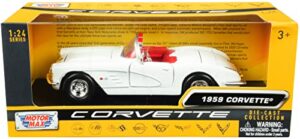 motormax toy 1959 chevy corvette c1 convertible white with red interior history of corvette series 1/24 diecast model car by motormax 73216