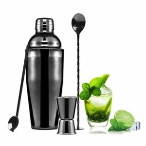 purism cocktail shaker,4-piece stainless steel bartender kit essential cocktail bar tool set,25 oz martini shaker with a built in strainer lid &manual of recipe, bar set for home drink mixing（black）