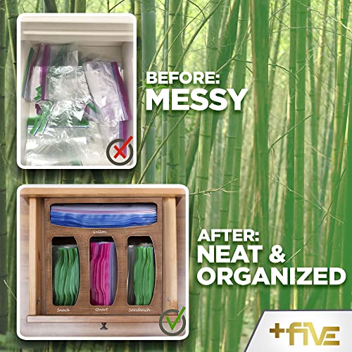 +Five Ziplock Bag Organizer, Food Storage Bag Organizer for Kitchen Drawer, Bamboo Wood Holder, Plastic Bag Holder Dispenser, Fits Gallon, Quart, Sandwich and Snack Variety Size Bags (Rustic Brown)