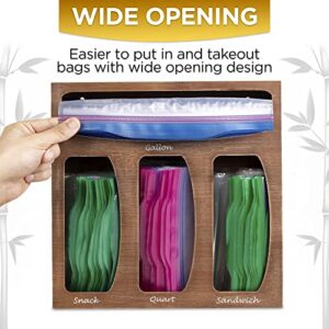 +Five Ziplock Bag Organizer, Food Storage Bag Organizer for Kitchen Drawer, Bamboo Wood Holder, Plastic Bag Holder Dispenser, Fits Gallon, Quart, Sandwich and Snack Variety Size Bags (Rustic Brown)