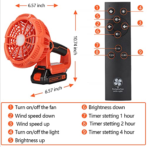 WaxPar Outdoor Fan For black decker Fan Cordless Jobsite Fan, USB Floor Fan Industrial fan with Light Compatible with black decker 14.4-20V Li-Ion Battery, Remote, 3 Modes, Timer