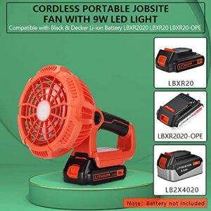 WaxPar Outdoor Fan For black decker Fan Cordless Jobsite Fan, USB Floor Fan Industrial fan with Light Compatible with black decker 14.4-20V Li-Ion Battery, Remote, 3 Modes, Timer